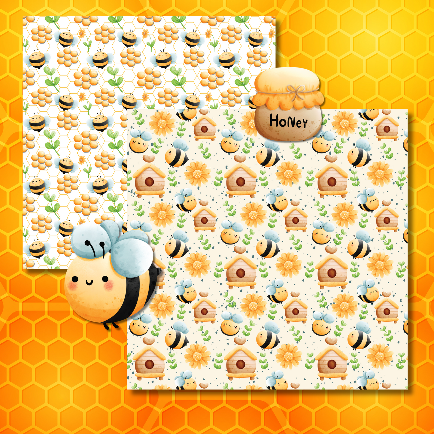 “Bee Sweet” Watercolor Scrapbook Paper Pack – 24 Sheets (12 Designs, 2 Each) – Cute Honeybee Theme for Crafts & Journaling