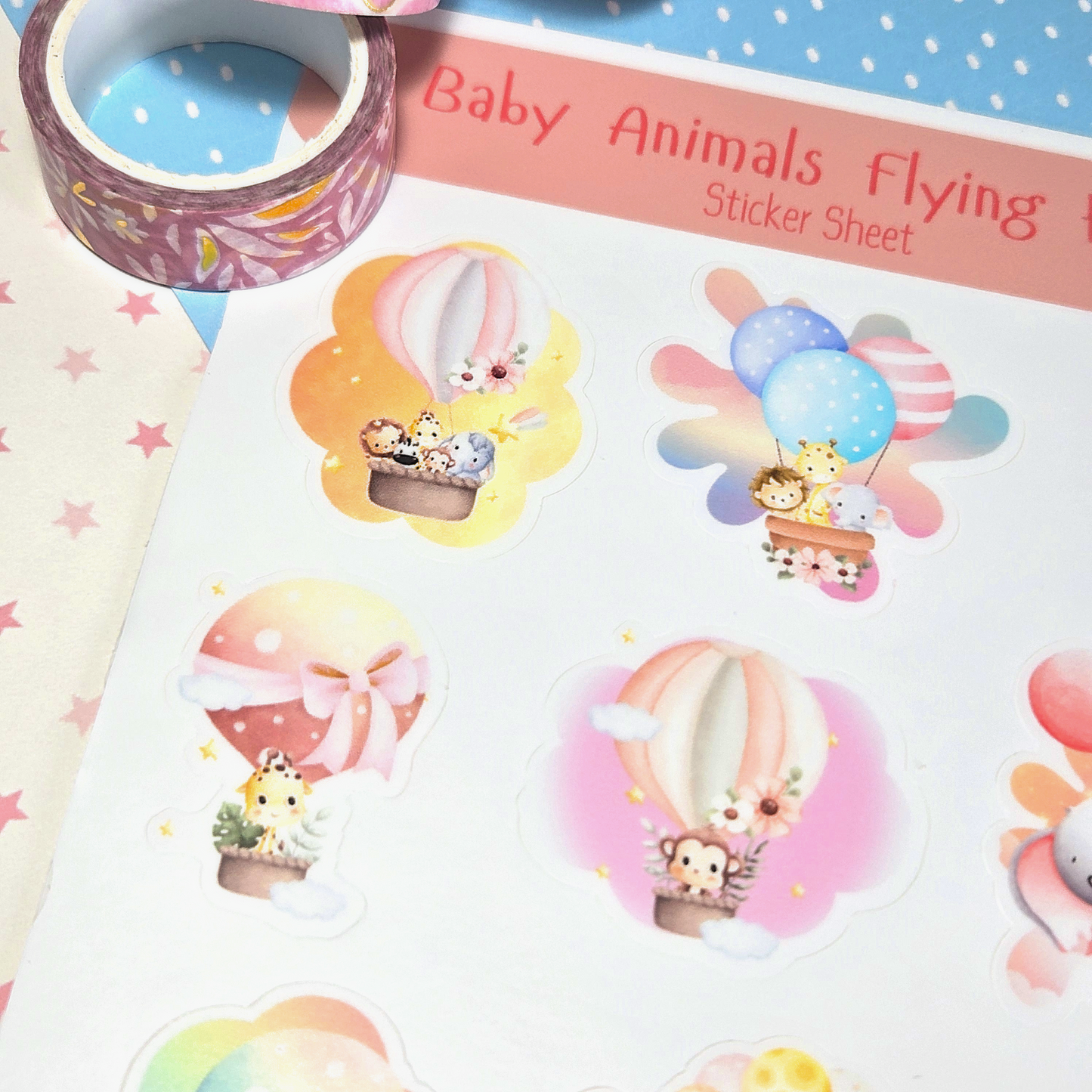 Vinyl Kiss-Cut "Baby Animals Flying High" Sticker Sheet