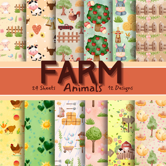 Collection of farm-themed patterned sheets with various animals and elements.