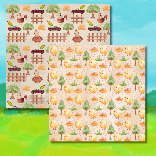 Two sheets of paper with farm-themed patterns on a colorful background