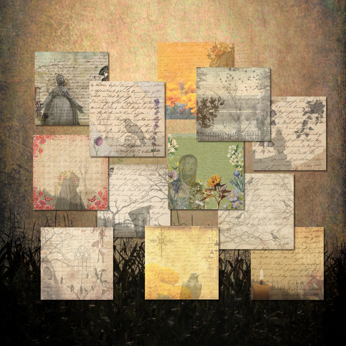 Whispers of Mourning - Vintage Halloween Gothic Artist Designed Specialty Paper, 24 Sheets, 12 Designs | 65 lb Cover Cardstock for Cardmaking, Layering, Junk Journaling & Paper Crafts | Dark Romantic Backgrounds (Brown)