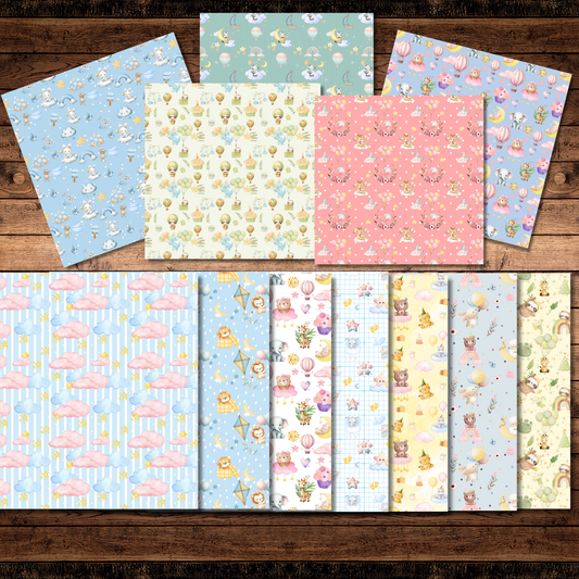 Baby Animals Printable Scrapbook Paper Pack – 17 Watercolor Nursery Patterns (12x12 Digital Download)