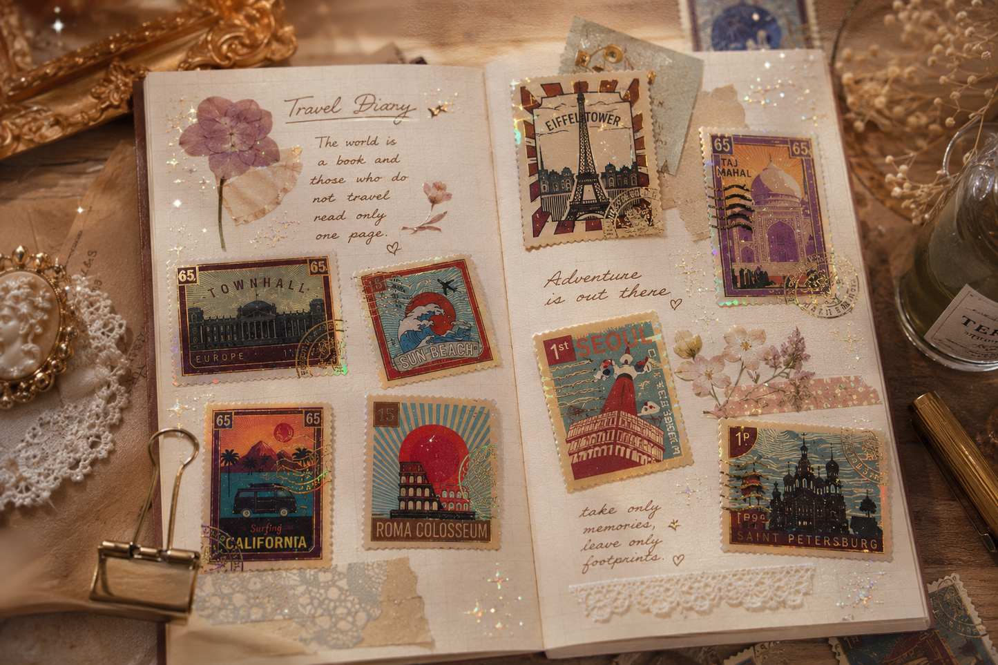 Romantic Travel Time Post Office Stamp Stickers – 40-Piece Vintage Gold Foil Sticker Set