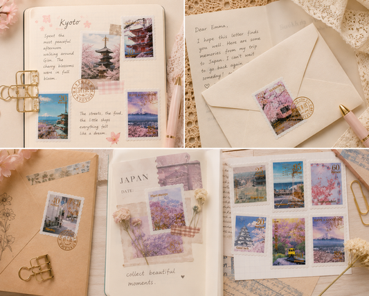 Japan Postage Stamp Stickers | 30-Piece Vintage Travel Journaling Sticker Set