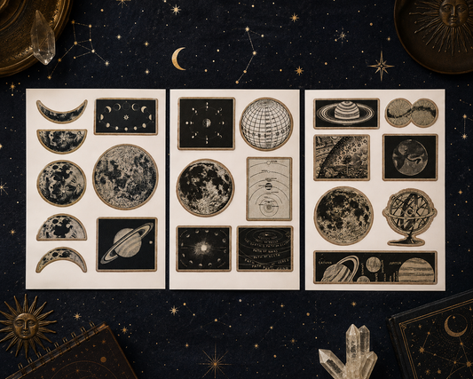 Vintage Pictorial Astronomy Stickers | 21 Vintage Space Stickers | 3 Sticker Sheets | Moon, Planets & Celestial Ephemera