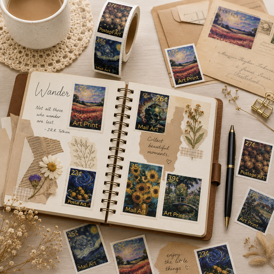 Von Kunst inspirierte Stempelsticker-Rolle mit Goldfolie – Luxuriöse Journaling- & Scrapbook-Ephemera