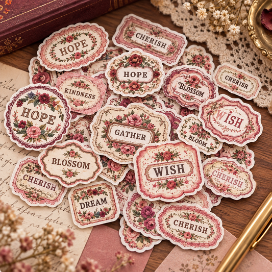 20 Vintage Floral Embroidery Label Stickers - Romantic Journal Stickers - Cottagecore Scrapbook Labels