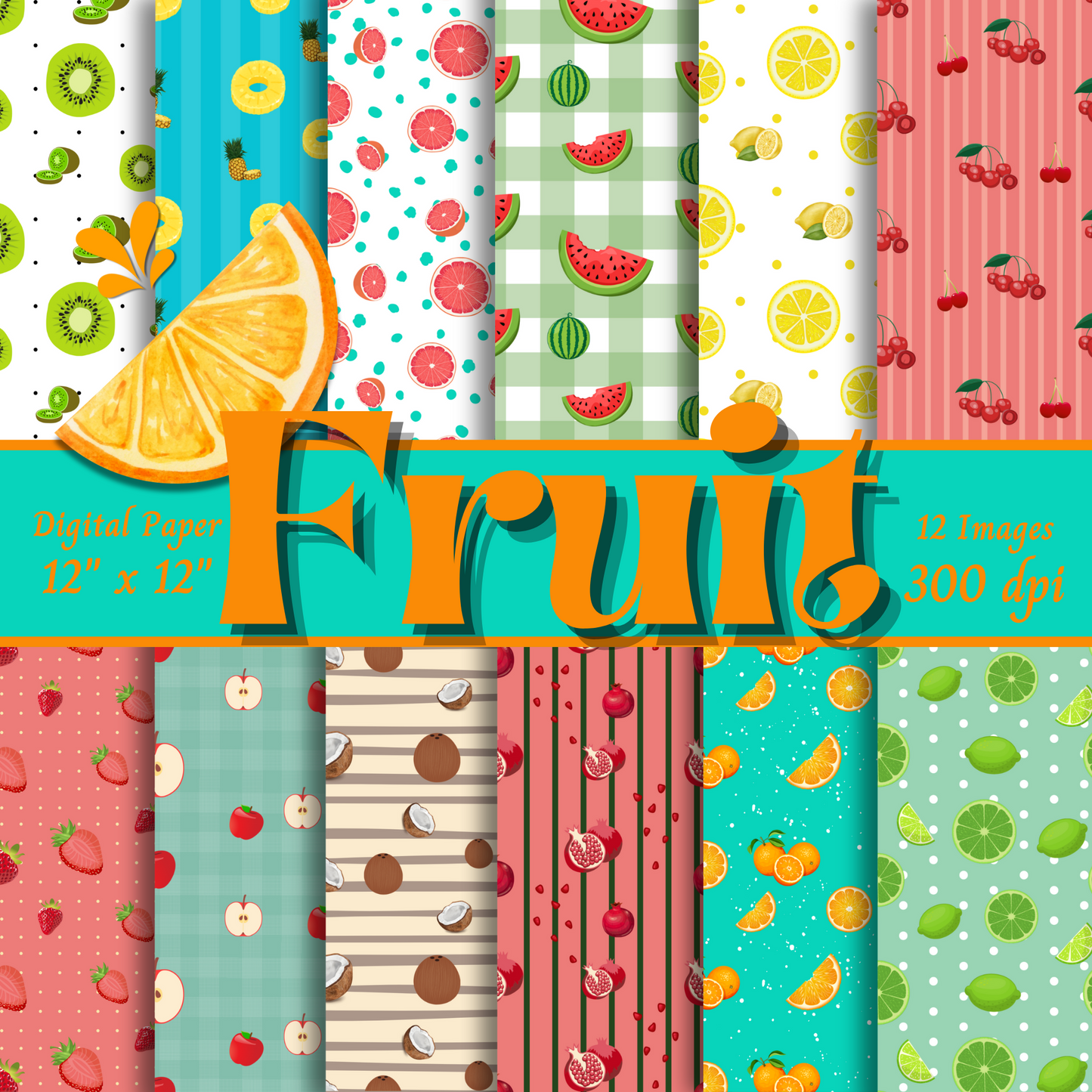 Fruit Decorative Paper,Single-Sided, 12 Patterns, 24 Sheets