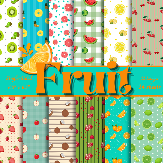 Fruit Decorative Paper, Single-Sided, 12 Patterns, 24 Sheets, 6" x 6"