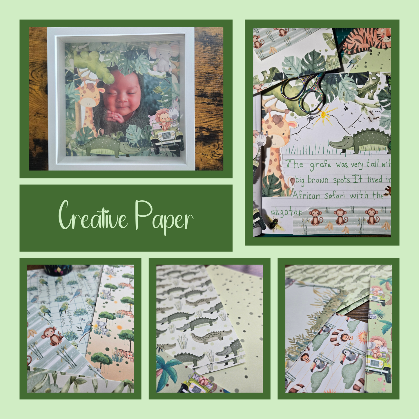 Safari Baby Animals Scrapbook Paper Pack - 24 Single-Sided Sheets | Jungle Backgrounds & Framed Pages | Ideal for Baby Albums, Journals & Crafts