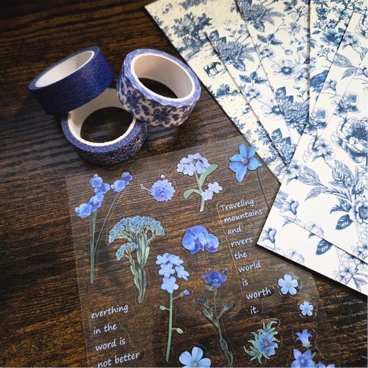 Blue Reverie Scrapbook Kit | French Toile Paper, Chinoiserie Washi Floral PET Stickers | Blue & White Journaling Bundle