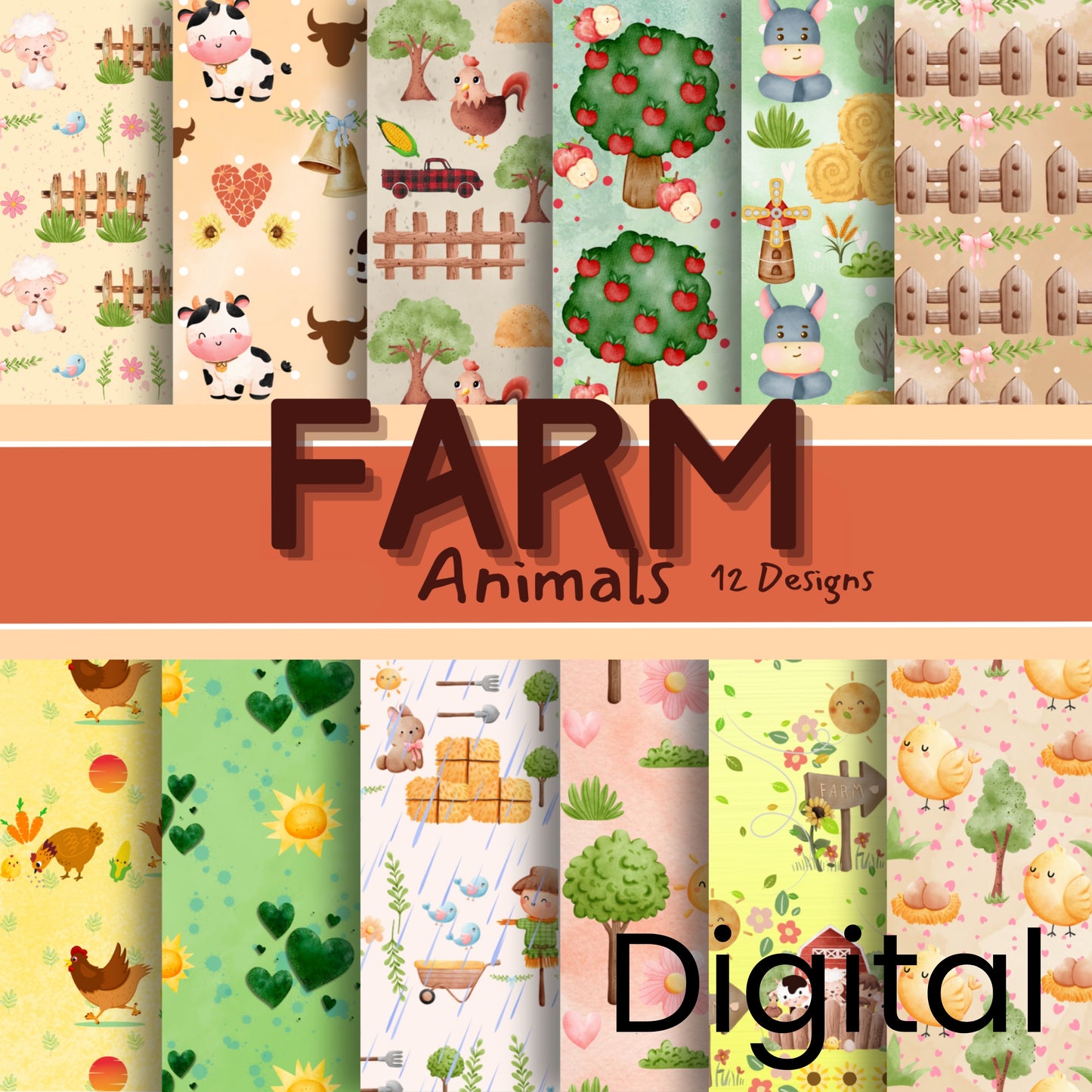 Collection of farm-themed digital paper designs with animals and landscapes.