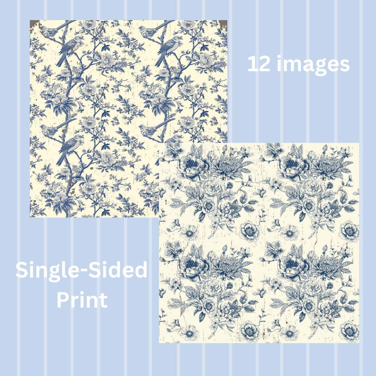 Blue Floral Scrapbook Paper, 12 Images, 6.5" x 6.5", 24 Sheets, Single-Sided, Patterned Paper