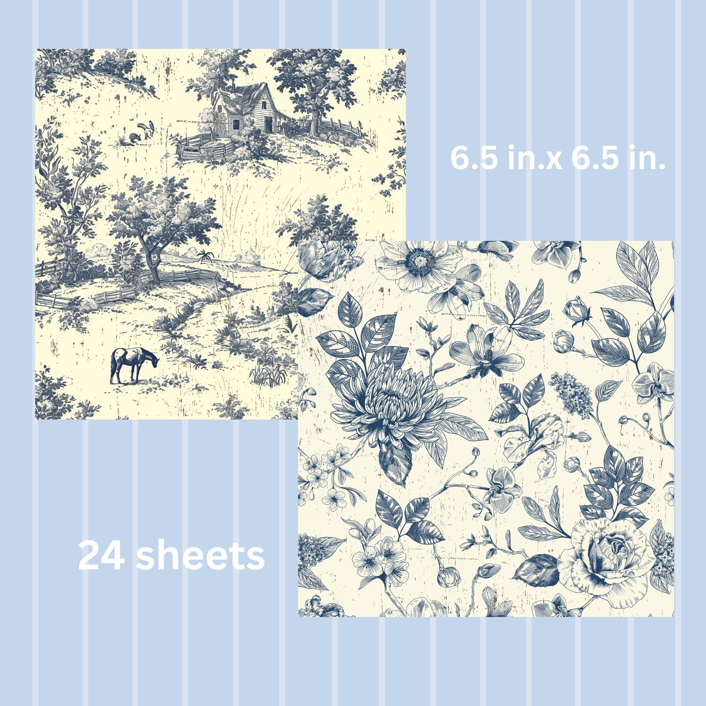 Blue Floral Scrapbook Paper, 12 Images, 6.5" x 6.5", 24 Sheets, Single-Sided, Patterned Paper