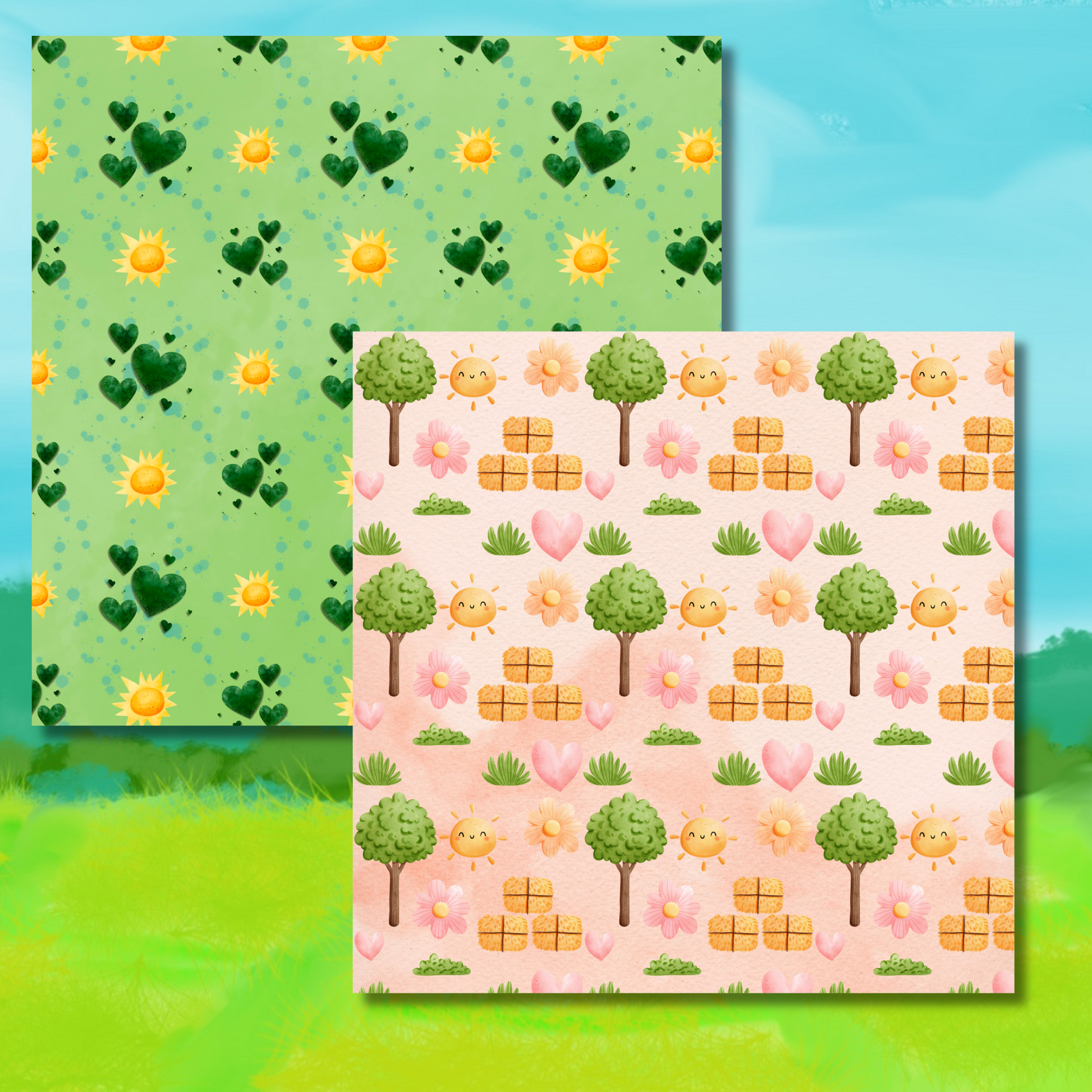 Two patterned paper sheets on a green and blue gradient background