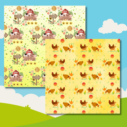 Two sheets of paper with farm-themed designs on a blue and green background.