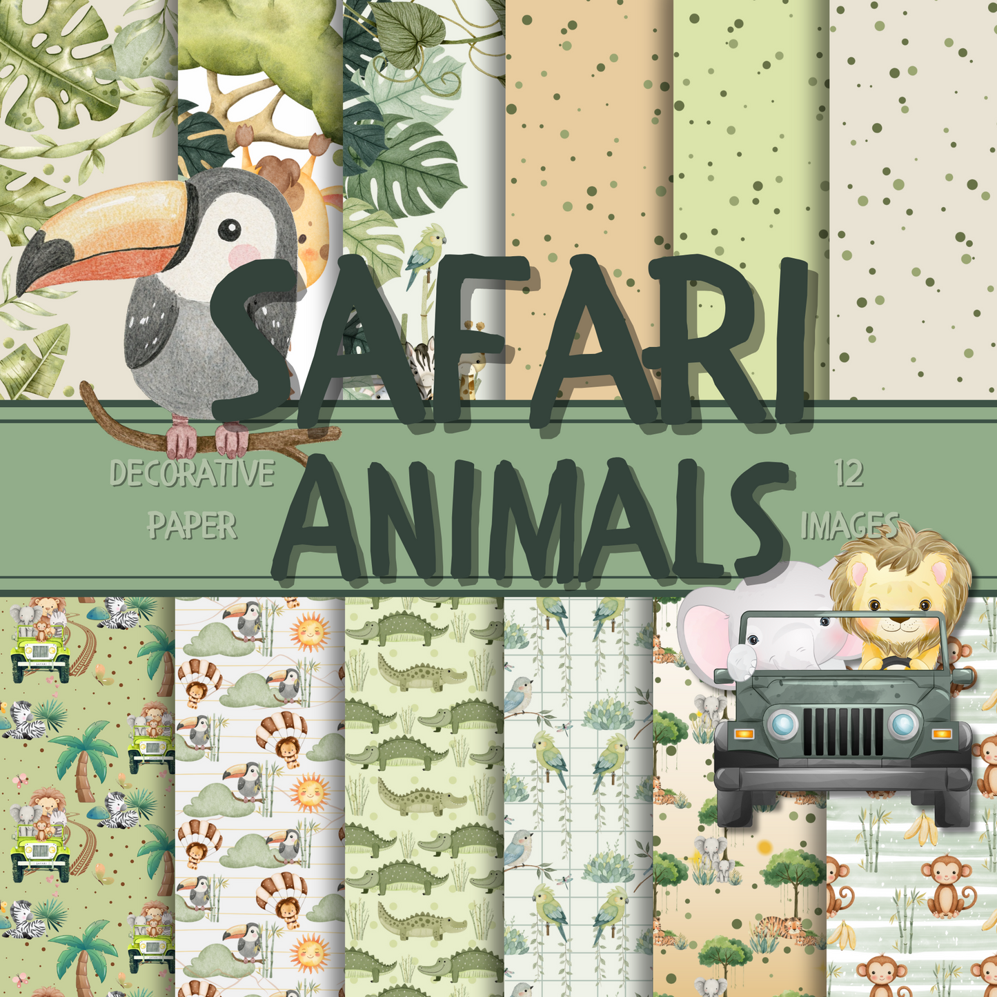 Safari Baby Animals Scrapbook Paper Pack -  24 Single-Sided Sheets | Jungle Backgrounds & Framed Pages | Ideal for Baby Albums, Journals & Crafts