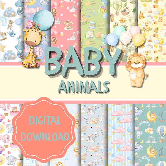 Baby Animals Printable Scrapbook Paper Pack – 17 Watercolor Nursery Patterns (12x12 Digital Download)