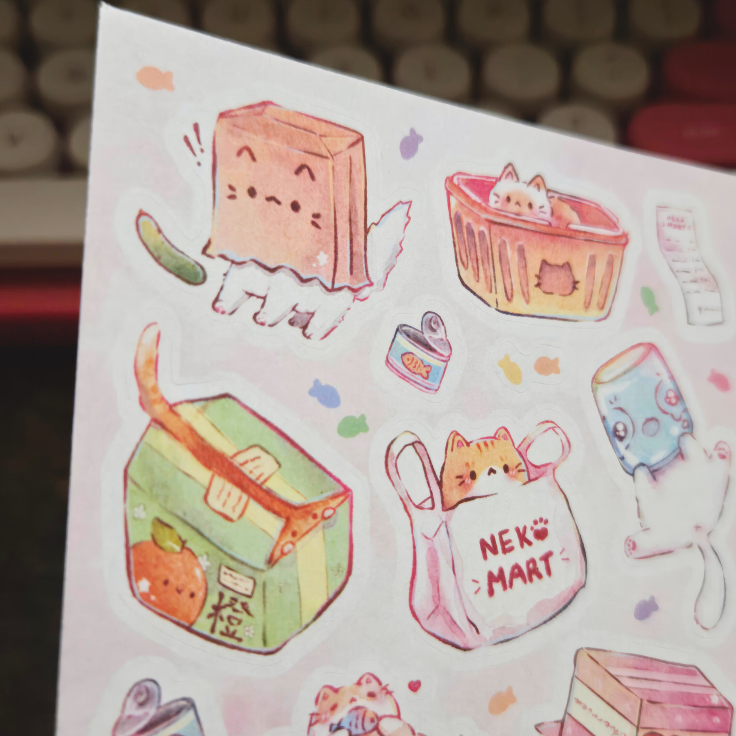 Neko Mart Cat Sticker Sheet – Cute Kawaii Planner & Scrapbook Stickers | Chickie Cafe