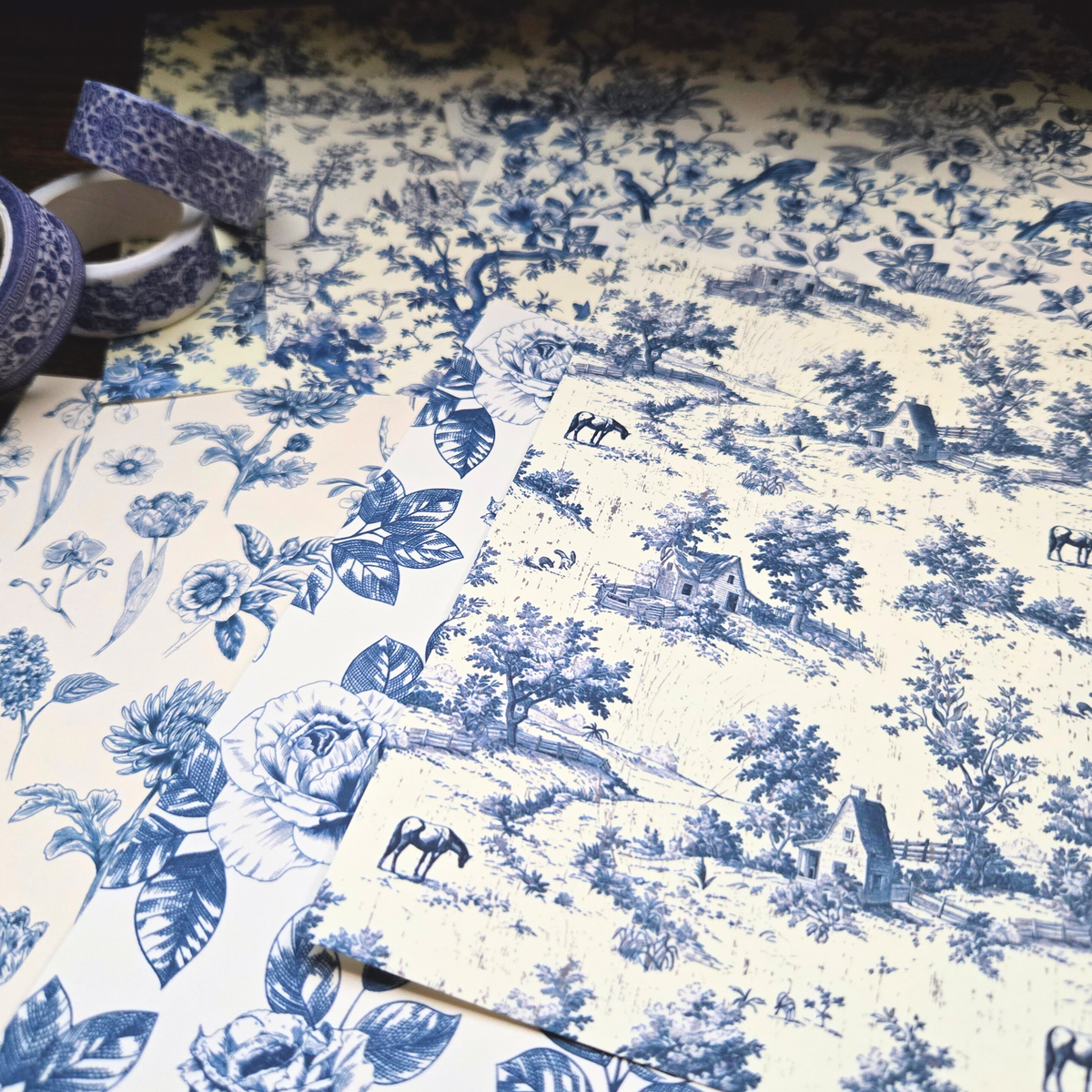 Blue Reverie Scrapbook Kit | French Toile Paper, Chinoiserie Washi Floral PET Stickers | Blue & White Journaling Bundle
