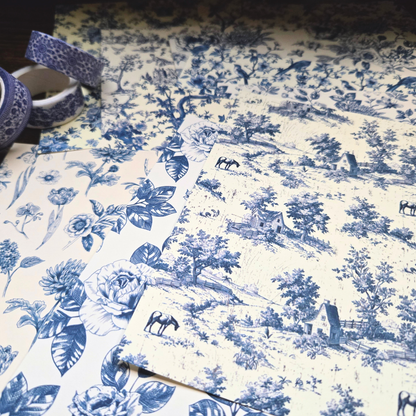 Blue Reverie Scrapbook Kit | French Toile Paper, Chinoiserie Washi Floral PET Stickers | Blue & White Journaling Bundle