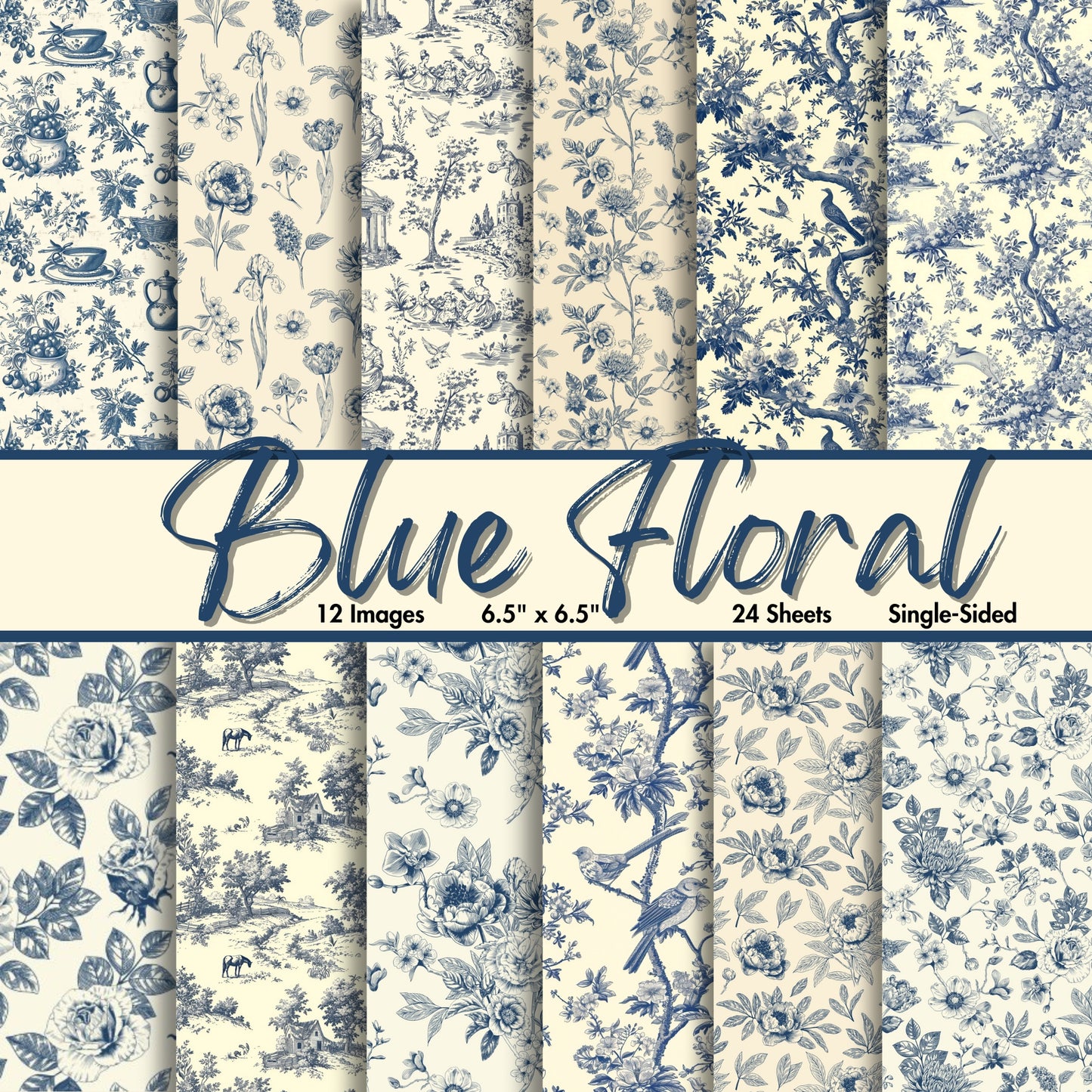 Blue Floral Scrapbook Paper, 12 Images, 6.5" x 6.5", 24 Sheets, Single-Sided, Patterned Paper