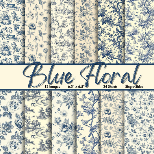 Blue Floral Scrapbook Paper, 12 Images, 6.5" x 6.5", 24 Sheets, Single-Sided, Patterned Paper