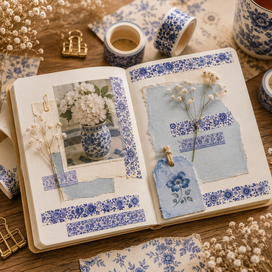 Blue Toile Washi Tape Set – 12 Rolls | Vintage Floral Chinoiserie | Scrapbook, Journal & Planner Decor