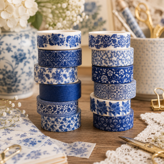 Blue Toile Washi Tape Set – 12 Rolls | Vintage Floral Chinoiserie | Scrapbook, Journal & Planner Decor
