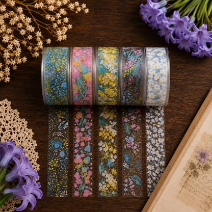 PET Washi Tape Set (5 Rolls)  Transparent Floral Bundle