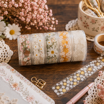 PET Washi Tape Set (5 Rolls)  Transparent Floral Bundle
