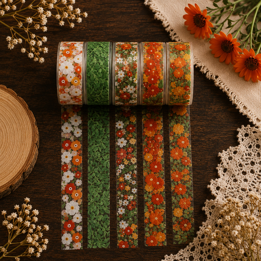 PET Washi Tape Set (5 Rolls)  Transparent Floral Bundle