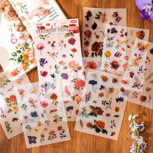 Vintage Botanical PET Stickers (6 sheets) - Watercolor, Transparent Flower Stickers