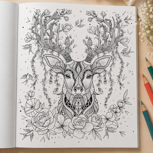Creative Escape Coloring Gift Set | Coloring Book, Woodland Sticker Book & Colored Pencils | Relaxation Gift | Nature Lover Gift