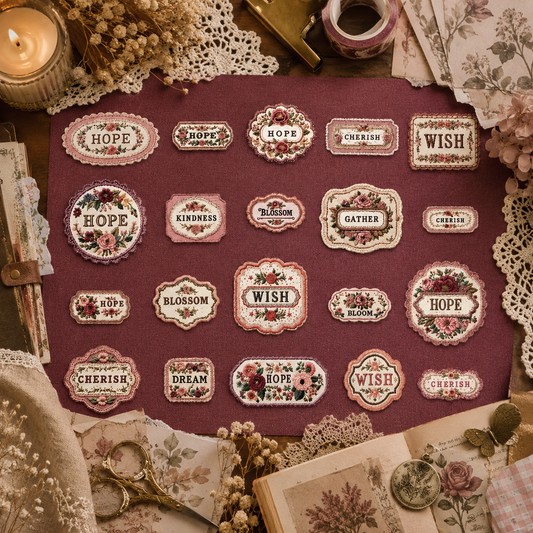 20 Vintage Floral Embroidery Label Stickers - Romantic Journal Stickers - Cottagecore Scrapbook Labels