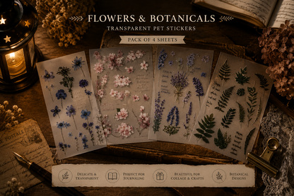 4 Transparent PET Botanical Sticker Sheets Set | Floral & Fern Stickers for Journaling, Scrapbooking, Planner Decor, Junk Journal Supplies