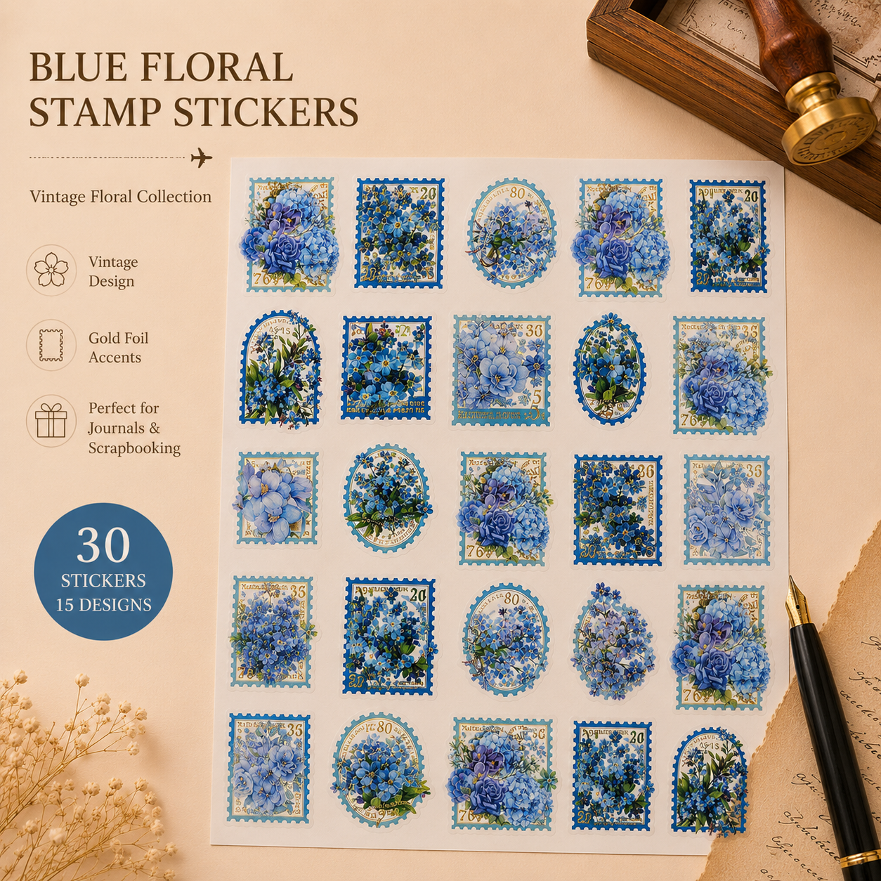 Sunward Bloom PET Floral Stamp Stickers – 30-Piece Transparent Vintage Flower Sticker Set