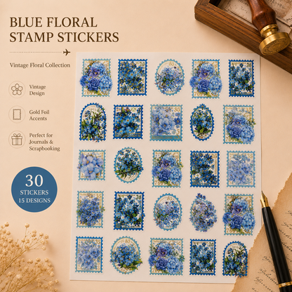 Sunward Bloom PET Floral Stamp Stickers – 30-Piece Transparent Vintage Flower Sticker Set
