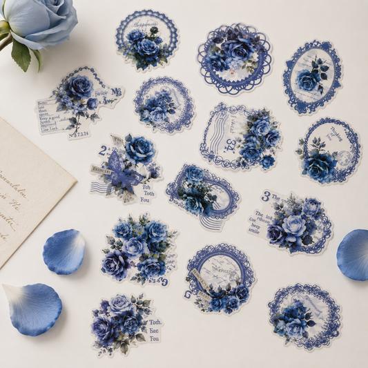 Ice Blue Rose PET Stickers – 30-Piece Vintage Floral Scrapbooking Sticker Pack