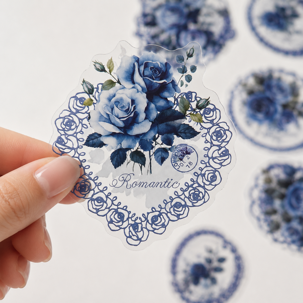 Ice Blue Rose PET Stickers – 30-Piece Vintage Floral Scrapbooking Sticker Pack