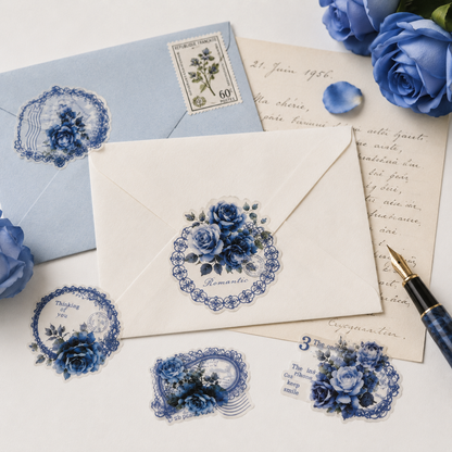 Ice Blue Rose PET Stickers – 30-Piece Vintage Floral Scrapbooking Sticker Pack