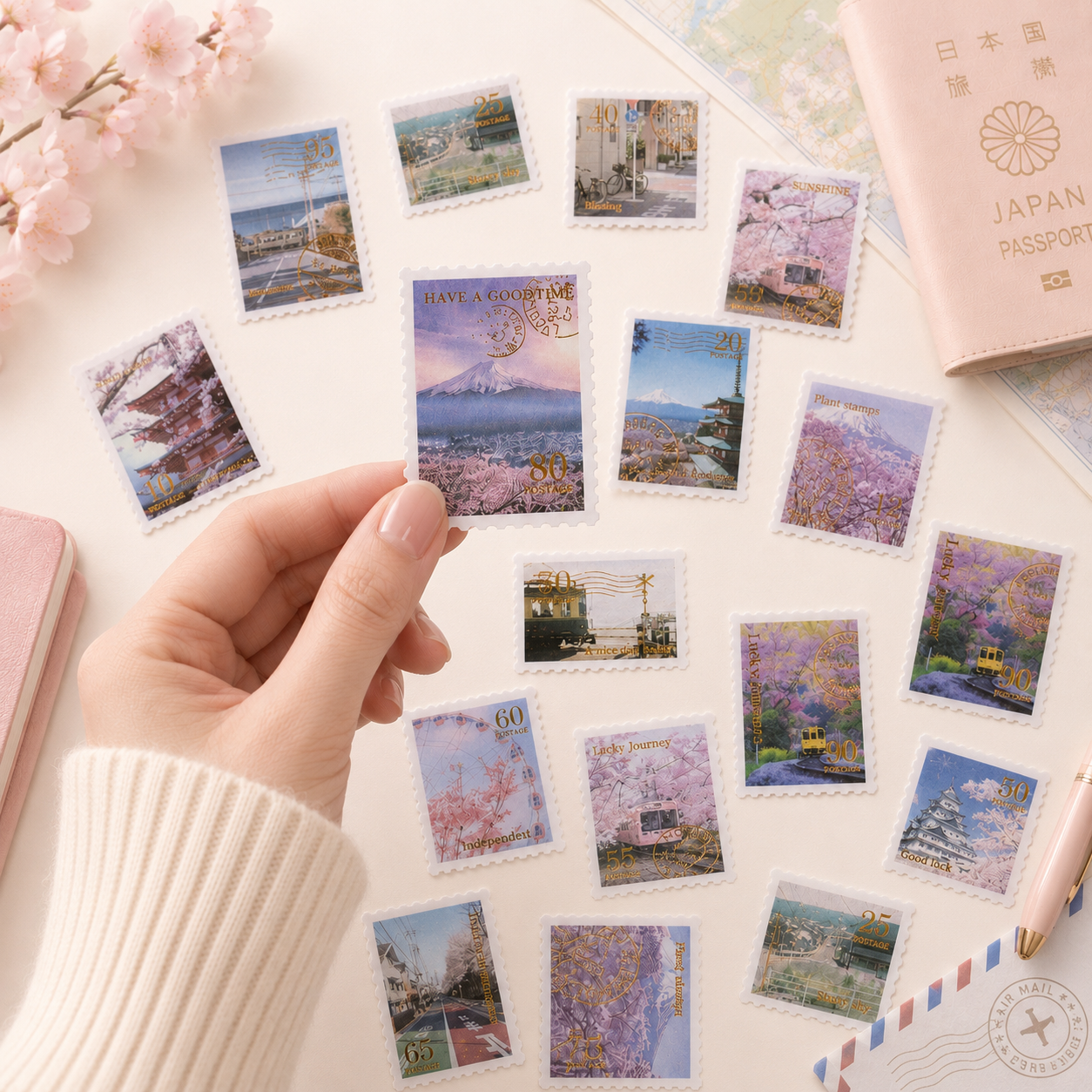 Japan Postage Stamp Stickers | 30-Piece Vintage Travel Journaling Sticker Set