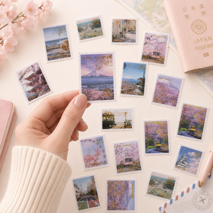 Japan Postage Stamp Stickers | 30-Piece Vintage Travel Journaling Sticker Set