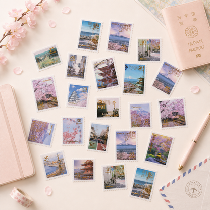 Japan Postage Stamp Stickers | 30-Piece Vintage Travel Journaling Sticker Set