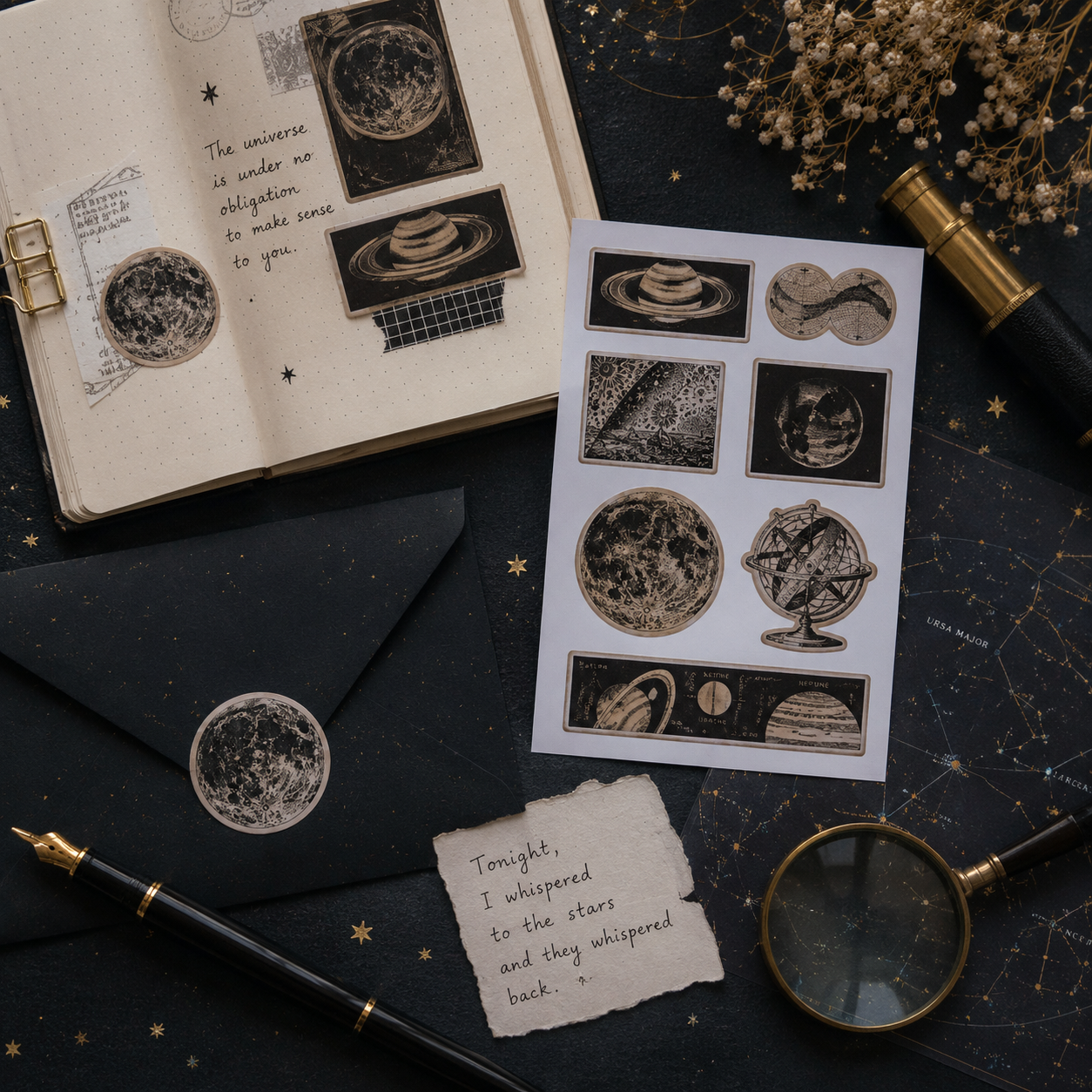 Vintage Pictorial Astronomy Stickers | 21 Vintage Space Stickers | 3 Sticker Sheets | Moon, Planets & Celestial Ephemera