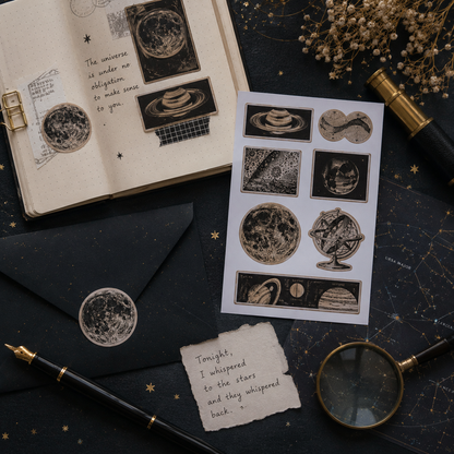 Vintage Pictorial Astronomy Stickers | 21 Vintage Space Stickers | 3 Sticker Sheets | Moon, Planets & Celestial Ephemera