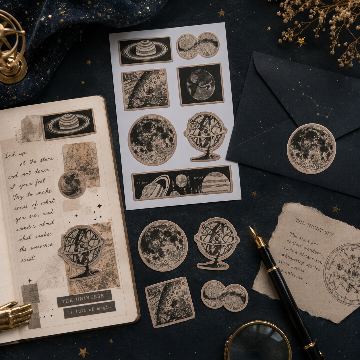 Vintage Pictorial Astronomy Stickers | 21 Vintage Space Stickers | 3 Sticker Sheets | Moon, Planets & Celestial Ephemera