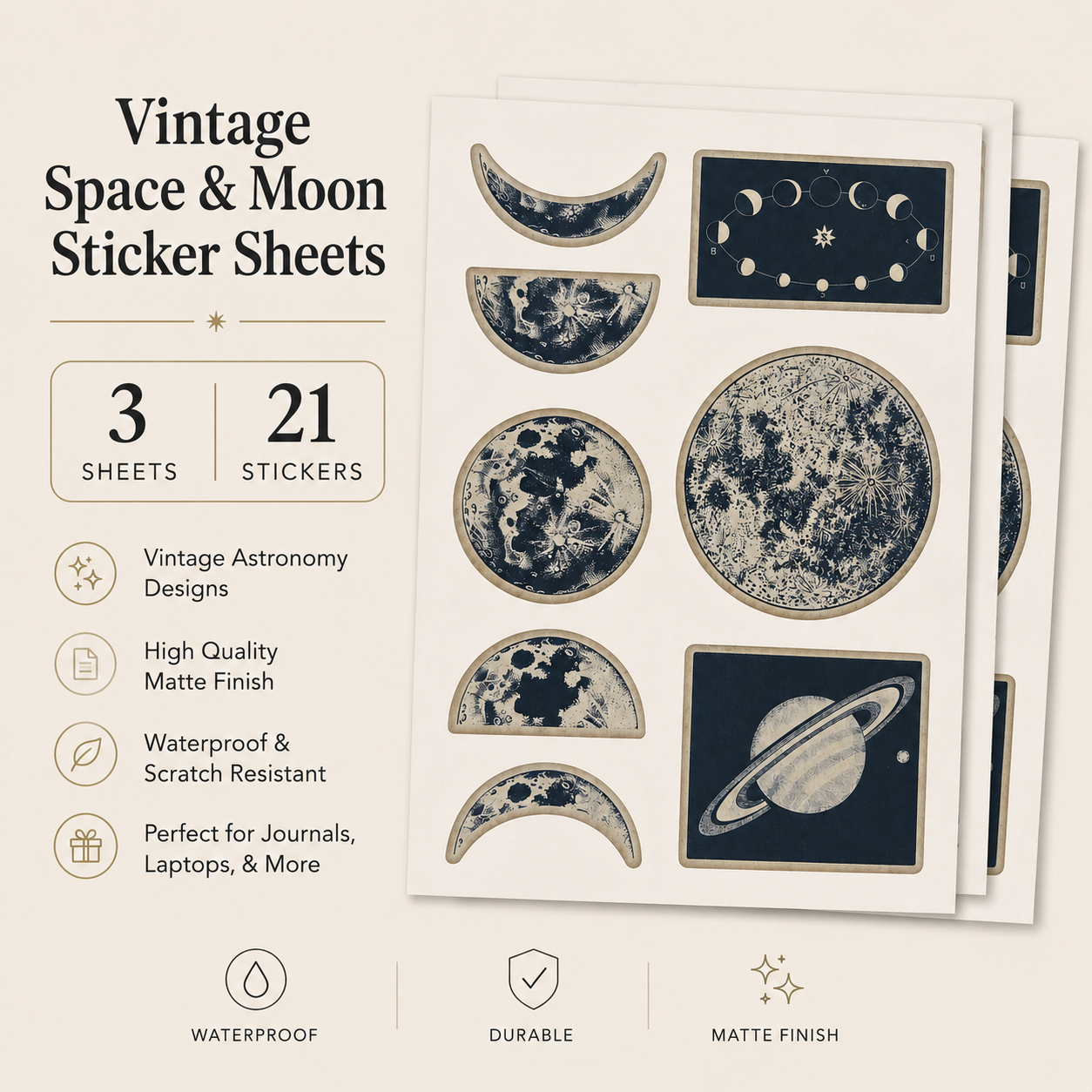 Vintage Pictorial Astronomy Stickers | 21 Vintage Space Stickers | 3 Sticker Sheets | Moon, Planets & Celestial Ephemera