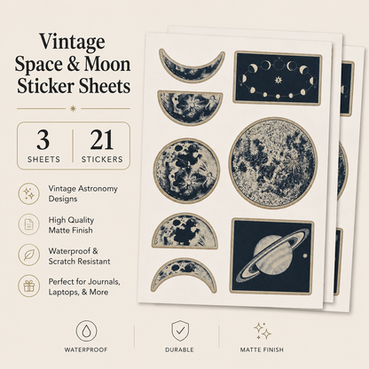 Vintage Pictorial Astronomy Stickers | 21 Vintage Space Stickers | 3 Sticker Sheets | Moon, Planets & Celestial Ephemera