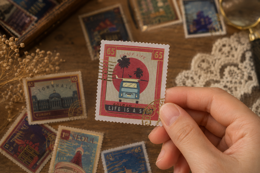 Romantic Travel Time Post Office Stamp Stickers – 40-Piece Vintage Gold Foil Sticker Set